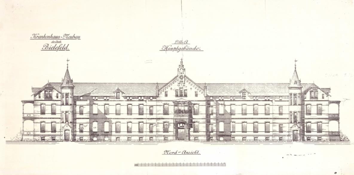 Historische Ansicht des 1899 eröffneten städtischen Krankenhauses Bielefeld